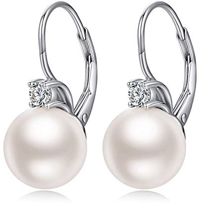 Pendientes de perlas de plata, pendientes de perlas para mujer Pendientes de perlas de plata esterlina para mujer Pendientes de perlas de diamantes con circonita cúbica Pendientes de perlas mujer