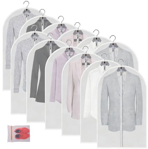 MsKitchen Garment Bags 12 Pack, 24 x 40 Hanging Clothes Storage Bags, Translucent PEVA Garment Covers with Full Zipper for Suits and Dresses