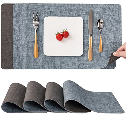 Myir JUN Tischset Abwaschbar &Untersetzer, Doppelseitige Platzsets 4er Set | Leder Platzsets Abwaschbar Kunstleder Schmutzabweisend & rutschfest, Platzdeckchen Abwischbar mit Lederoptik für Esszimmer