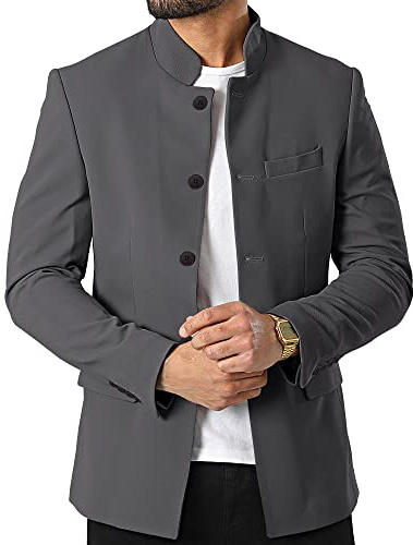 Tankaneo Mens Casual Suit Blazer Jackets Stand Mandarin Collar Lightweight Lined Business Dress Sport Coats, Grey, S