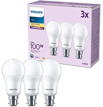 Philips Paquete de 3 bombillas LED esmeriladas A60 [blanco cálido 2700 K - tapa de bayoneta B22] 100 W, no regulable. Para iluminación interior del hogar