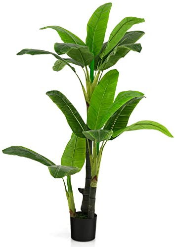 GOPLUS 150 cm högt konstgjort bananträd, konstgjort tropiskt träd med 18 stora blad, 3 stammar och realistisk mossa, vintergrön konstgjord växt i cementkruka för dekoration hem, kontor
