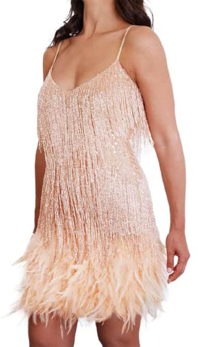 TOSHIKII Vestito di Piume di Paillettes con Nappe Abito Corto Sexy con Paillettes Senza Maniche Senza Maniche da Donna Abito Corto Aderente con Frange Scintillanti da Donna