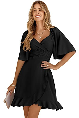 HEYPORK Damen Frühling Sommer Rock Bequem Lässig Kleider Mode Elegant Röcke Frauen V-Ausschnitt Einfarbig Taille Verkleinernde Rüsche Kleid(Schwarz, M)