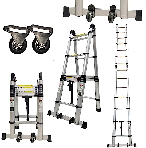 Hooha 5,8m Teleskopleiter Ausziehleiter Klappleiter 2-in-1 Aluminium Mehrzweckleiter (2,9m+2,9m) Ausziehbare Leiter Teleskop Ausziehleiter mit Beweglich Rad für Hausarbeit/Garten