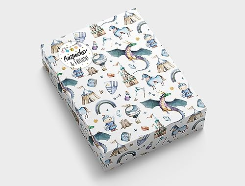 Geschenkpapier für Jungen Ritter Drache Geschenkverpackung für kleine Geschenke Kindergeburtstag Mitgebsel Gastgeschenke verpacken Kindermotiv (12 Bögen in DIN A3 + 12 Aufkleber + 50 Verschlusspunkte)