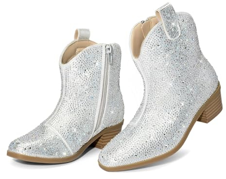 DREAM PAIRS Stivaletti da cowboy con strass, alla caviglia, tacco basso, per ragazze, Argento, 9 Toddler