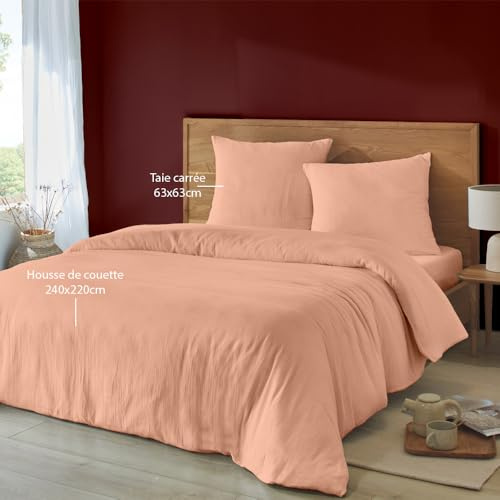 Duquennoy & Lepers - Parure de Lit Double Gaze de Coton - Housse de Couette 240×220 CM avec Boutons + 2 Taies – Tissu 71 Fils, 145 g/m² - Douce, Aérée et Élégante - Oeko-TEX® - Rose