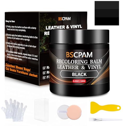 BSCPAM Riparazione Pelle Kit,Nero Tintura Pelle,Ripara Pelle Divano per Graffi/Macchie,Rinnova Volante in Pelle,Sedili Auto,Divano,Sofa,Giacca,Scarpe,Sella Riparare Sbiaditure,Crepe,Graffi sul Cuo