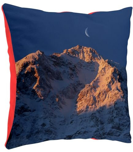 Fabulous Cuscino in peluche rosso – Alzata del sole sulla montagna sotto una mezzaluna di luna – 40 x 40 cm – Cuscino e federa inclusi