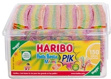 HARIBO - Pasta Basta Miami PIK - Bonbons Piquants - Fruités - Sans Colorants Artificiels & Sans Gélatine - Boîte de 150 Bonbons Piquants