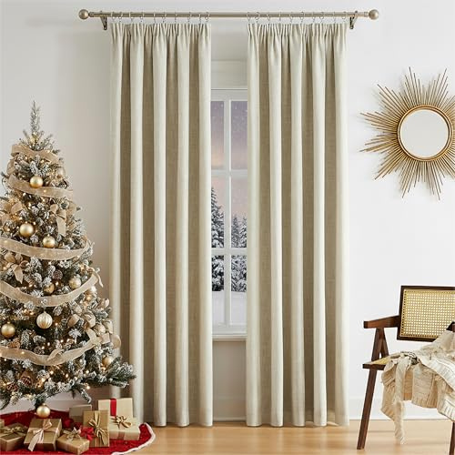 Rosehill Designs Full Blackout Curtains Pencil Pleat Thermal Curtains with Solid Colour Energy Saving Drapes for Living Room Bedroom, Dark Linen, 56 x 90 Inch, 2 Panels
