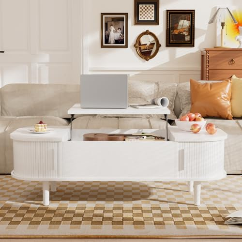 PURFINO Couchtisch mit Hebeplatte – Moderner Holztisch mit Einzigartiger Textur & Verstecktem Stauraum, Kaffeetisch für Wohnzimmer, Schlafzimmer, Kleine Räume, Home Office