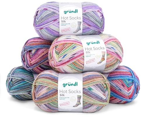 Gründl Sockenwolle Paket Hot Socks Silk, 6x100g Sockengarn mit Seide, Strumpfwolle 4fädig, 55% Wolle, 25% Polyamid, 20% Seide