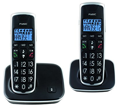 Fysic FX-6020 schnurloses Telefon mit großen, gut lesbaren Tasten und zwei Apparaten, einfache Bedienung, Hörgerätkompatibel, Ideal für Senioren geeignet, schwarz