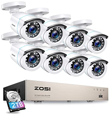 ZOSI 1080P Kit de Cámara Vigilancia 8CH H.265+ Grabador DVR con (8) Cámara de Seguridad Exterior, 20m Visión Nocturna, Alarma de Movimiento, 2TB Disco Duro