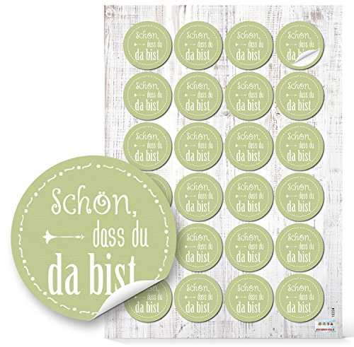 Logbuch-Verlag 24 SCHÖN DASS DU DA BIST Aufkleber RUND hellgrün GRÜN weiß lindgrün maigrün Etikett selbstklebend Sticker Verpackung Gastgeschenk give-away Gäste Deko 4 cm