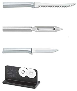 Rada Cutlery Kit Messer - inkl. Schälen, Tomatenschneider, Gemüseschäler mit Griffen aus gebürstetem Aluminium plus Messerschärfer