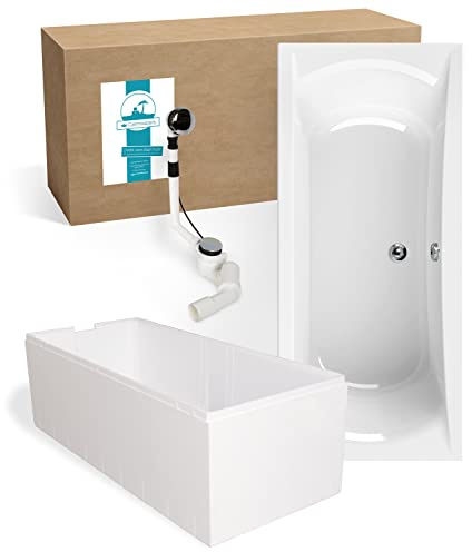 Calmwaters® Rechteck Badewanne Komplettset 180x80 cm mit Wannenträger & Ablaufgarnitur, Acrylwanne Modern Curved, Duowanne für 2, Set Badewanne komplett, Rechteckbadewanne 180 x 80, Weiß, 99000159