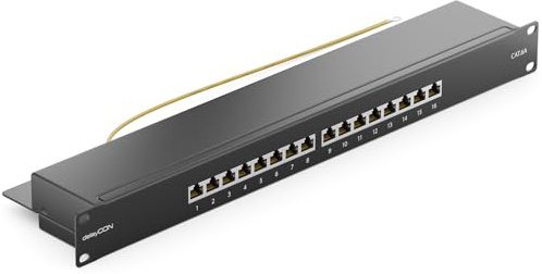 deleyCON CAT6a Panneau de Brassage 16 Port Bureau 19 Pouces Le Montage en Rack Assemblage du Serveur 16x RJ45 Blindé TIA568A TIA568B - Noir