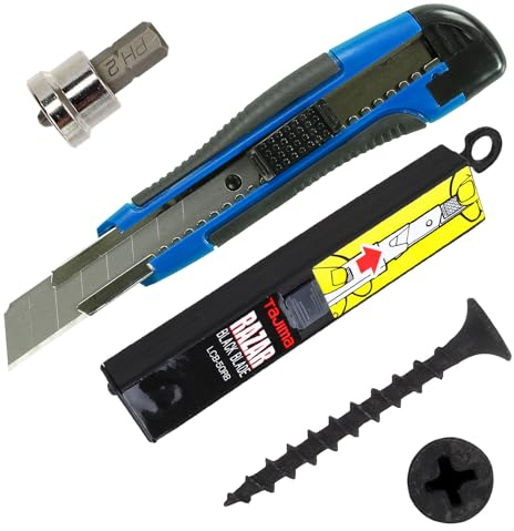1012 tlg Schnellbauschraubensortiment mit 1000 Schnellbauschrauben 3,9 x 35 Grobgewinde;1 Cuttermesser 18mm, 10 Abbrechklingen 18mm, schwarz, TAJIMA RAZAR Black und 1 Trockenbau-Bit - PH2-25mm lang