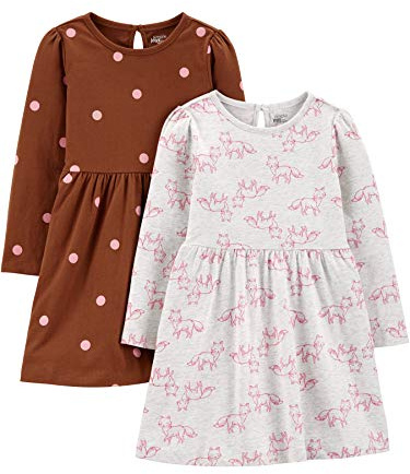Simple Joys by Carter's 2-Pack Long-Sleeve Dress Set Robe décontractée, Brun Points/Gris Chiné Renard, 5 Ans (Lot de 2) Fille
