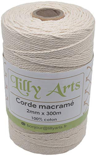 Lilly Arts Macrame Corda 100% Cotone - 2mm x 300m - Cordino per Decorazioni murali, sospensioni vegetali, Packaging, Artigianato - Filato Macrame, Filo Macrame (Naturale 2mmx300m)