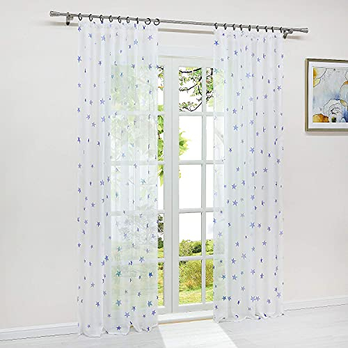 HeichkelL Vorhang Voile Sterne Druck Transparent Gardine mit Kräuselband 1 Stück Dekoschal Fensterstore für Kinderzimmer Wohnzimmer BxH 140x175cm Weiß-Blau