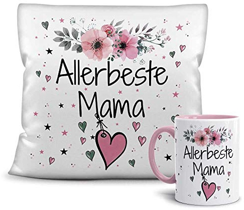 Print Royal Geschenk-Set aus Tasse und Kissen mit Füllung - Allerbeste Mama - Persönliche Geschenkidee für Beste Freunde, Verwandte und Familie - weiß/rosa