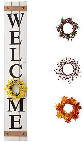 glitzhome Willkommensschild für Haustür, Veranda, rustikales Bauernhaus, Holz, hängende Wanddekoration mit austauschbarem Blumenkranz, 152,4 cm hoch, Weiß