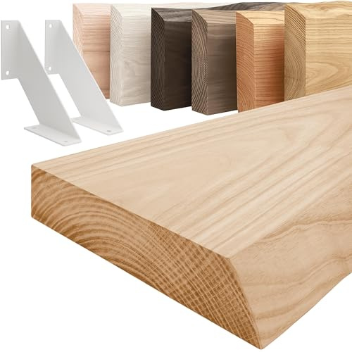 LAMO Manufaktur Holzregal mit weißen V-förmigen Halterungen | Wand Regal 70 cm breit für Wohnzimmer, Küche, Büro im Industrial-Stil | Farbe: Natur, Kante: natürlich | Massivholz, Vintage-Charakter