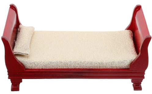 Healifty Puppenhaus Bett Holz Mini Rot Einzelbett Miniatur Vintage Möbel Modell Spielzeug 1: 12 Puppenhaus Schlafzimmer Wohnzimmer Zubehör Mikrolandschaft Dekoration