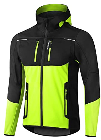 INBIKE Hooded Cycling Bike Jacket Men Running Biking Windbreaker Reflective Windproof Thermal Fleece Lined Bicycle Coat Green