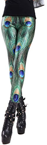 Rubberfashion Glanz Leggins Damen - Animal Print Leggings Muster Pfau Federn - metallic 80er Jahre für Frauen und Mädchen Pfau S/M