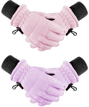Boao 2 Pairs Kids Winter Ski Gloves Waterproof Warm Snow Mittens Full Finger Gloves for Toddlers Infants (Pink,Light Purple,3-6 Years)