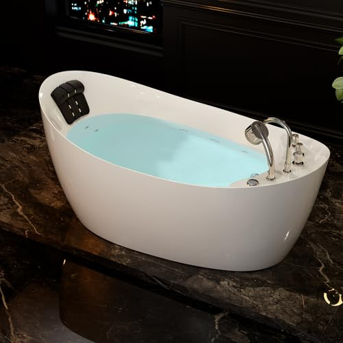 Empava 67 x 31 Freestanding Whirlpool Tub with Left/Right Drain,560W Stand Alone Bathtub with 7 Hydromassage Jets, Elegant Boat-Shaped,Acrylic,ETL Certified