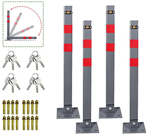 Ikodm 4x Parkpfosten klappbar Absperrpfosten mit 3 Schlüssel, Stahl Parkplatzsperre Parkplatzsperren mit Reflexstreifen, Robust Standfuß Sperrpfosten Set