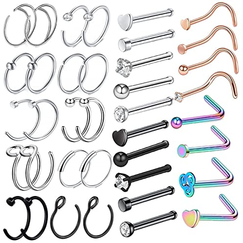 Stfery Nasenpiercing Herz Ring, Nose Ring Titanium Mehrfarbig Bolzen L-Form C-Form Schmuck Zunge Lippe Zirkonia 38 Stück Damen