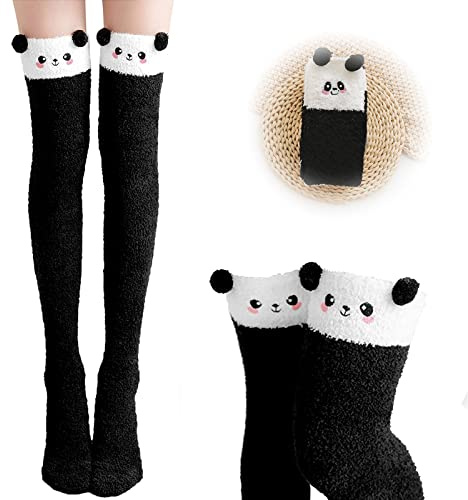 Kakveiai 1 Paar Damen Lange Socken, KuschelSocken Kniestrümpfe, Kuschel Overknee Strümpfe, Mädchen Kniestrümpfe, Panda Socken, Kuschel Süße warm, für Damen und Mädchen, Einheitsgröße(Schwarz)