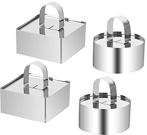 Anillo para Tarta 4Pcs Anillos para Postre, 8cm Acero Inoxidable Anillo Repostería con Empujador para Postres Mousse de Chocolate Bizcocho Galletas（Cuadrado y Redondo）