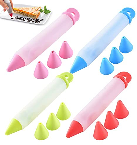 WUDQIJI Kuchen Dekorationsstift 4 Sätze Garnierspritze Tortenspritze Silikon Dekorationsstift Tortenspritze Silikon Fondant Kuchen Pen Jeder hat 4 Verschiedene Arten von Düsen für Kuchen GebäCk