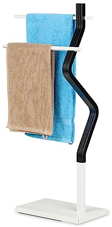 Relaxdays Handtuchständer, 2 Stangen, HBT: 85x43,5x20 cm, Badständer für Hand-& Duschtücher, Stahl & MDF, schwarz/weiß