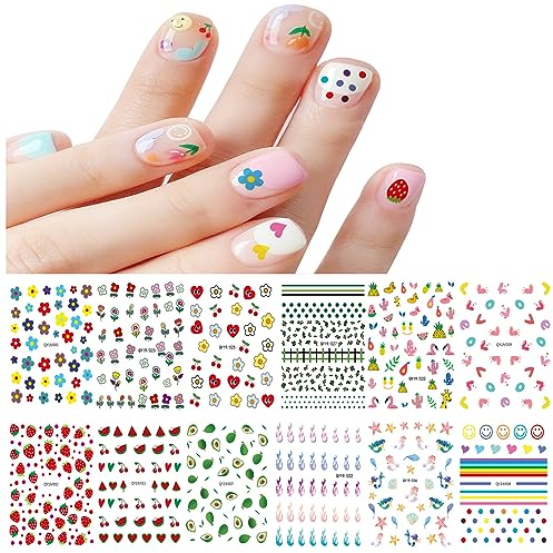 JMEOWIO 12 Sheets Cute Nail Stickers for Kids Nail Art Stickers Decals Self-Adhesive Flower Fruit Nail Supplies Nail Art Design Decoration Accessories
