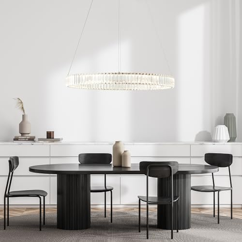 Lightbox moderne LED Hängelampe - 150 cm Höhe, Ø 80 cm - höhenverstellbare Pendelleuchte mit Kristall-Otpik - dimmbar über Fernbedienung & CCT - 50 W, 6000 lm - aus Aluminium/Kunststoff - in Chrom
