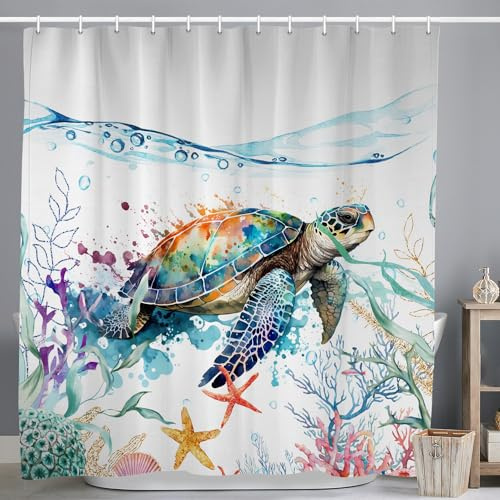 ASDCXZ Maritim Duschvorhang 180x200 cm, Aquarell Blau Meerestiere Schildkröte Seesterne Nautische Bunt Bad Waschbar Duschvorhänge Polyester Textil Wasserdicht Badevorhang für Badewanne mit 12 Haken