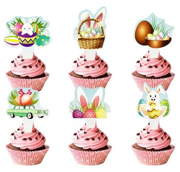 TSJ 24 PCS Easter Cupcake Toppers Bunny Ear Easter Eggs Cupcake Decorations Rabbit Cake Toppers Cake Decor for Easter Theme Baby Shower Party Supplies