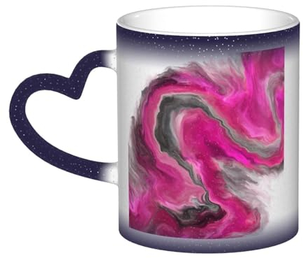 Tasse, Keramik-Kaffeetasse mit Farbwechsel, Teetasse für Küche, Restaurant, Büro, 330 ml,Magenta Schwarz Grau Jewel Tone Fluid Art Swirl