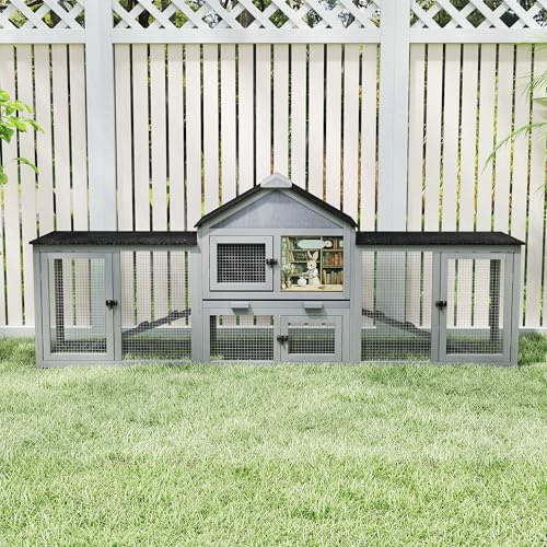 COZIWOW 95inches Extra Large Wood Rabbit Hutch Outdoor Easy to Assemble and Stable Bunny Cage Indoor with Cleaning Tray & Waterproof Roof for Small and Medium Bunny Rabbit Chick（Grey with Pattern）