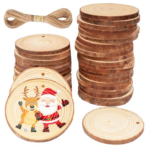 42 Stück Holzscheiben mit Loch, 7-8CM Holz Log Scheiben mit 10m Jute Schnur | Baumscheiben Rund zum Basteln, Unvollendete Holzkreise, Natur Holz-Scheiben für DIY Weihnachten Dekoration Handwerk