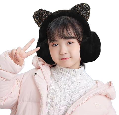 Kids Lovely Cat Winter Earmuffs Soft Plush Ear Warmers with Glittering Cat Ears Cute Warm Ear Flaps Cartoon Furry Ear Covers Fluffy Faux Fur Ear Muffs for Boy Girls 5+ Years Outdoor Xmas Birthday Gift